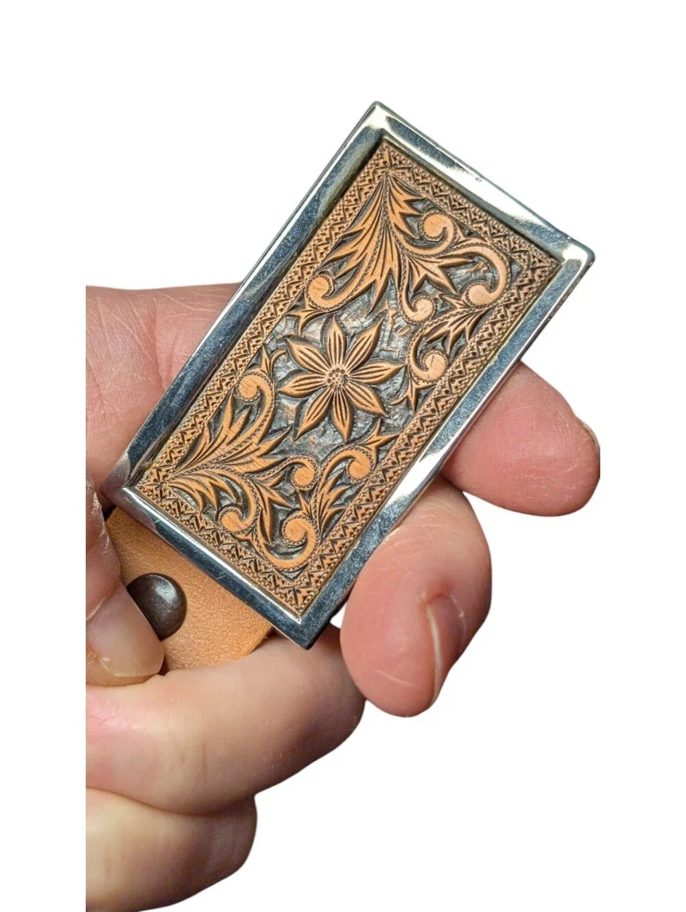 Western tooled Leather belt genuine tan floral pattern Buckle boho cowboy rodeo